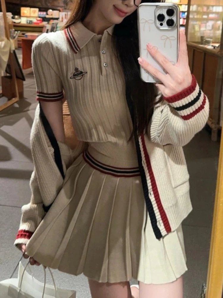 Preppy Style Sweet Two Piecec Suit Vintage Knit Cardigan Short Sleeve Sweater Mini Skirt Winter Y2k Pleated Sets 2024 241205