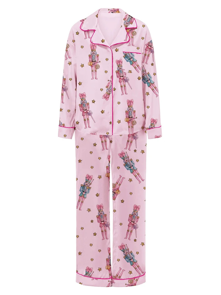 Women Christmas Pajama Set Cute Nutcracker Print Long Sleeve Button Down Shirt Pants Satin Silk PJ Set 2 Piece Jammies 241204