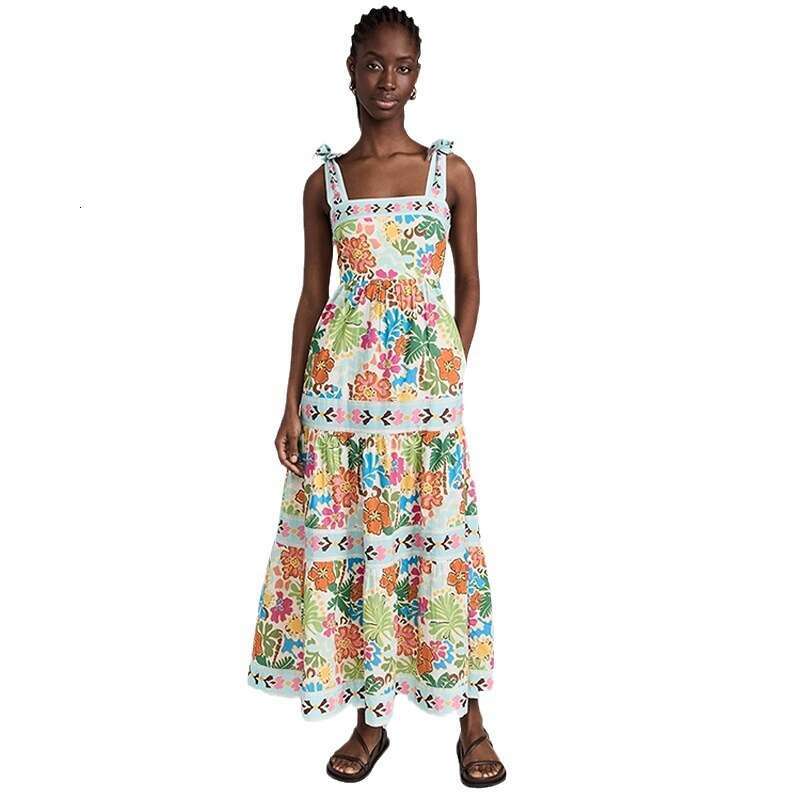 Summer European and American Sleeveless, Collarless, High Waist Plant Printed Women's Large Swing Strap Dress 2024 New Casual Fashion Trendy Clot