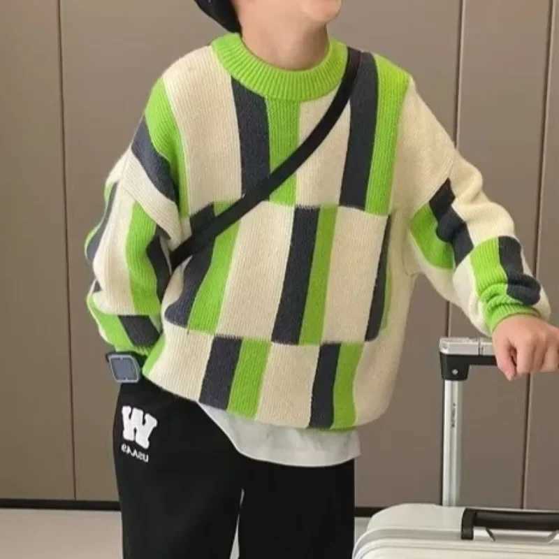 Boys Sweater 2024 Spring/Summer New Sled Medium Large Childrens Knitted Top Casual Crew Collar Korean Retro Jacket W241205