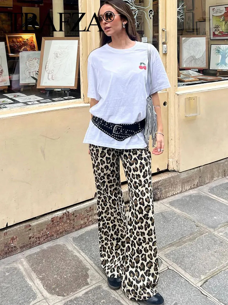 TRAFZA 2024 Women Vintage Y2k Pants High Waist Leopard Print Straight Pant Casual Fashion Spring Womens Chic Trousers Y2K TRAF 241204