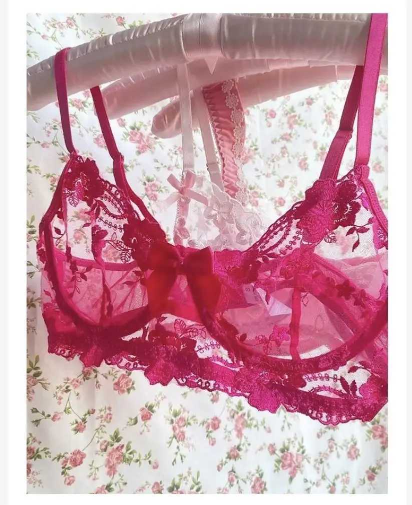 Ultra Thin Lace Sexy Bra Set Bow Women Large Size Lingerie with Underpants Suit Pink Color Ladies UnderwearXJ241205