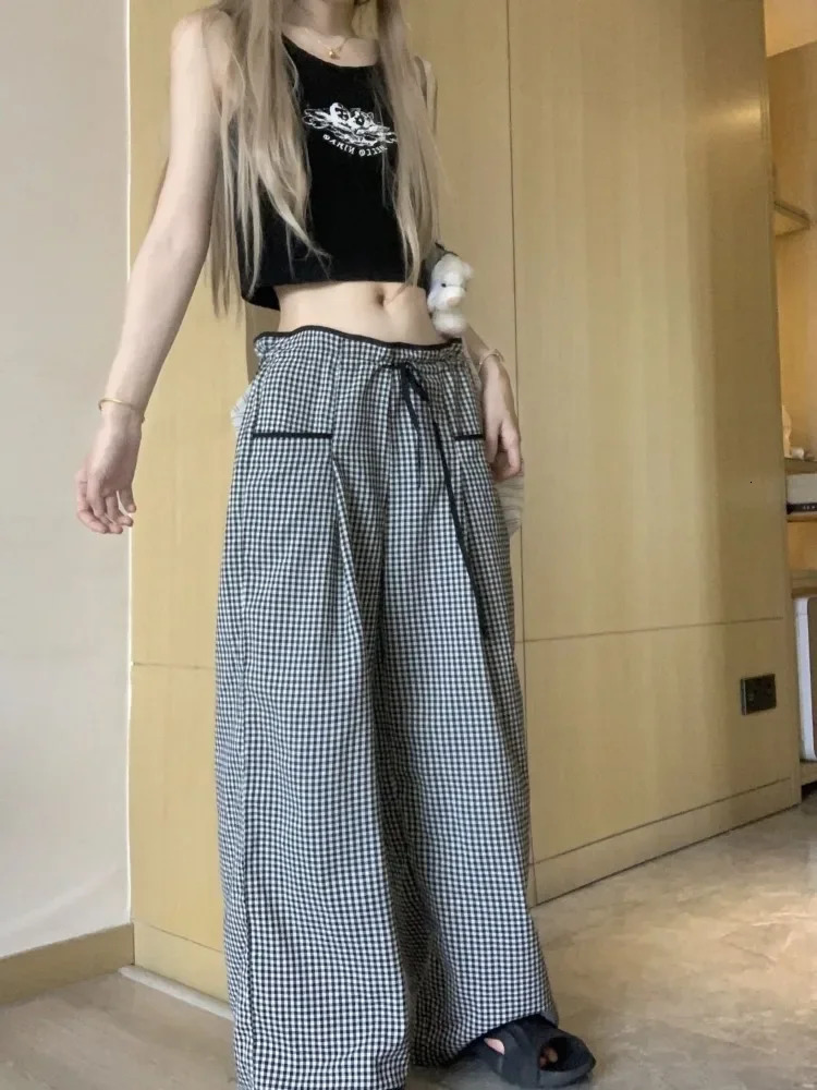 HOUZHOU Sweet Black Women Plaid Pants Coquette Japanese Style Cute Wide Leg Trousers Harajuku Kawaii Palazzo Pants Vintage Y2k 241204