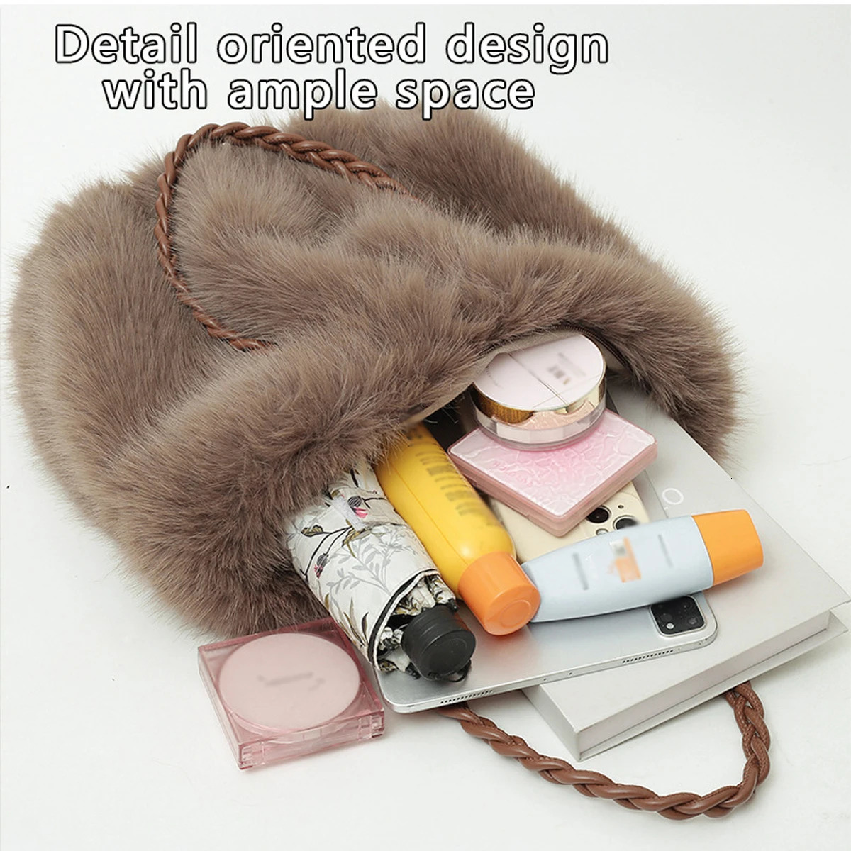 Womens fashionable plush large capacity handbag high-end pleated fox fur shoulder cross body bag commuting bag with metal chain 241205