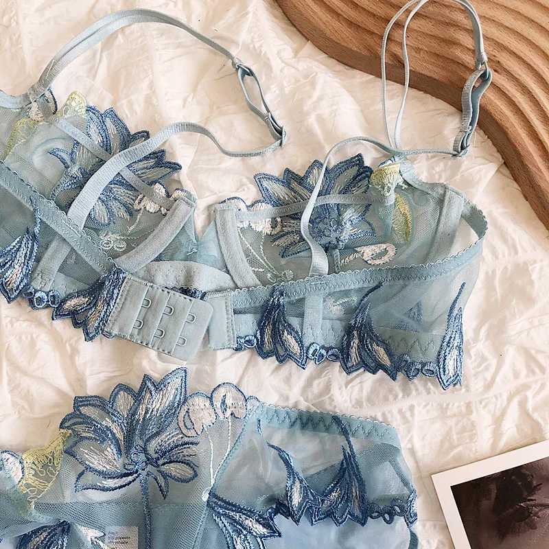 Sexy cherry embroidered lace transparent lingerie steel ring ultra-thin underwear mesh gauze bra briefs setXJ241205