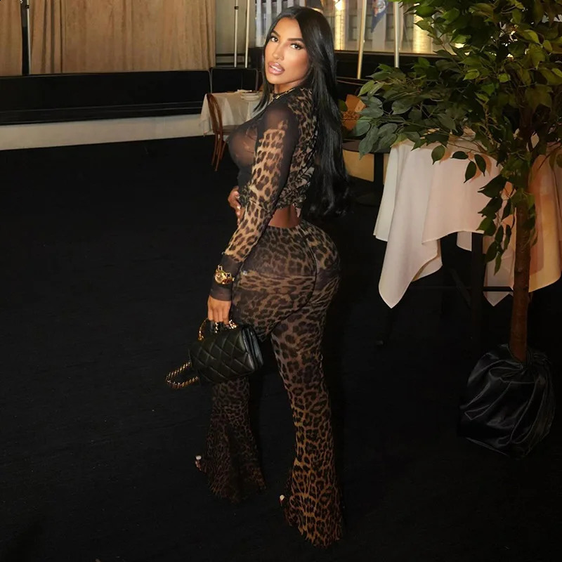 Cheetah Print Women 2 Piece Set Matching Long Sleeve ONeck Crop Tees and High Waist Slim Pants Leopard Sets Sexy Female Outfits 241205