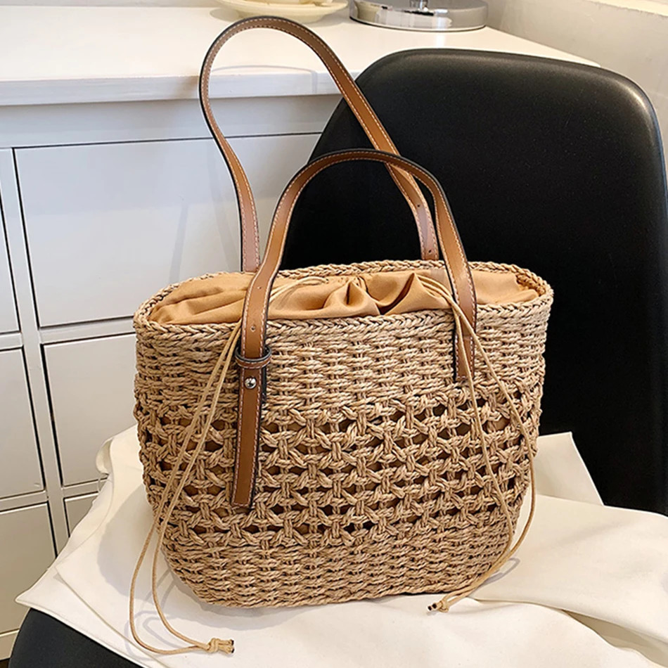 Trendy Straw Bags for Women Summer Beach Shoulder Wicker Bag Woven Rattan Tote Handmade Purse Bohemia Handbag bolsos 241204