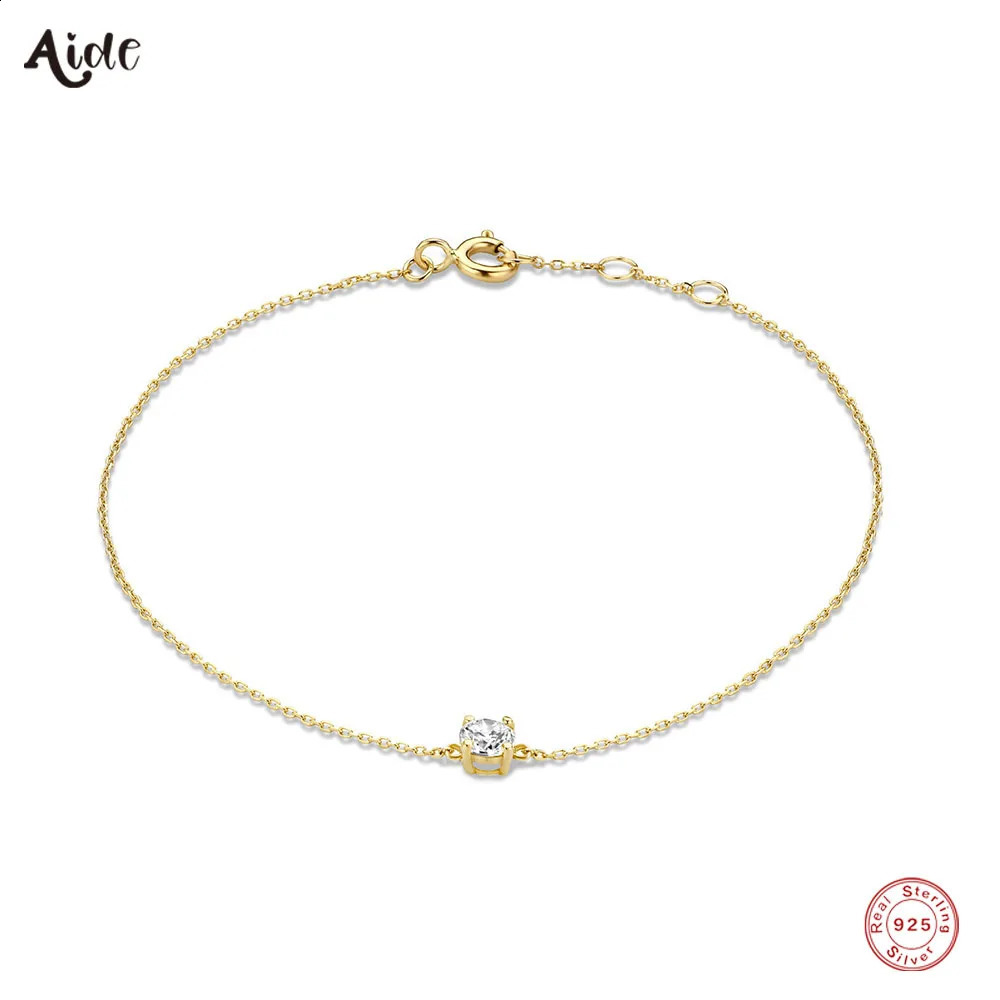 Aide 925 Sterling Silver Single Round White Zircon Chain Bracelets For Women 18K Gold Plated Simple Bracelet Temperament Jewelry 241122