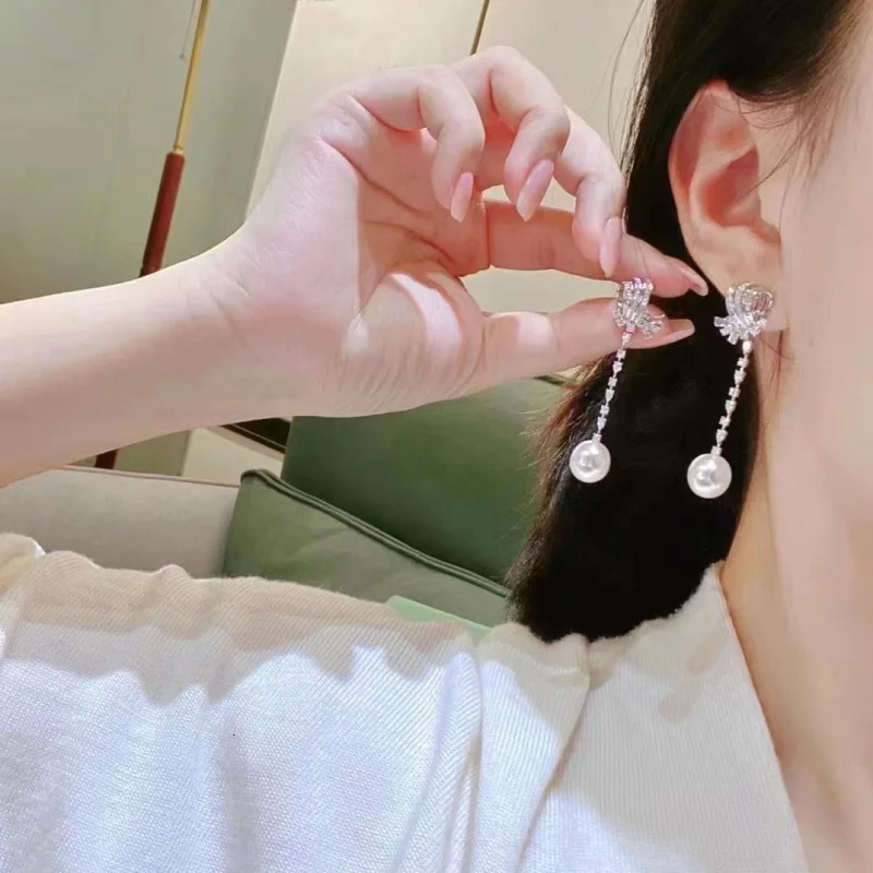 MeiBaPJ 10-11mm Natural White Rice Pearl Fashion Bow Long Chain Pendant Earrings 925 Silver Exquisite Womens Wedding Jewelry 241205