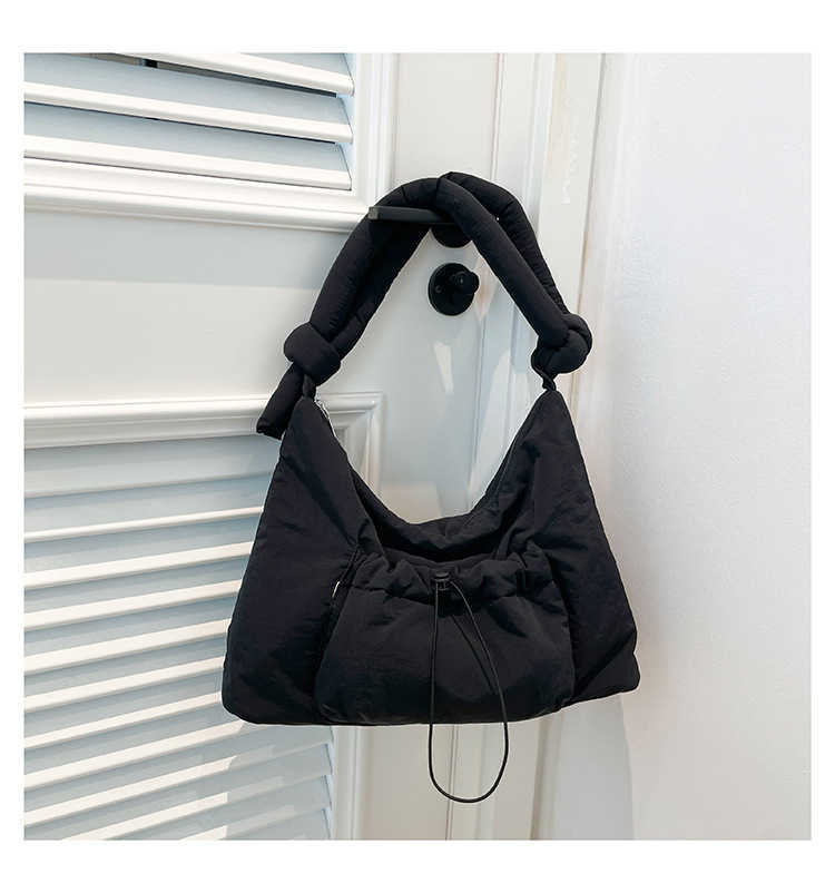 Casual nylon fabric single shoulder crossbody bag women, cotton clip, knottable shoulder strap handbag, cotton filled drawstring tote bag 241215