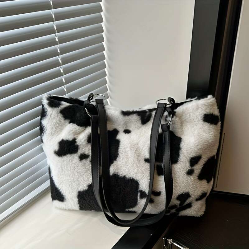 Plush One Shoulder Tote Bag - Large Capacity, Multi Functional, Comfortable, Warm, Cow Pattern