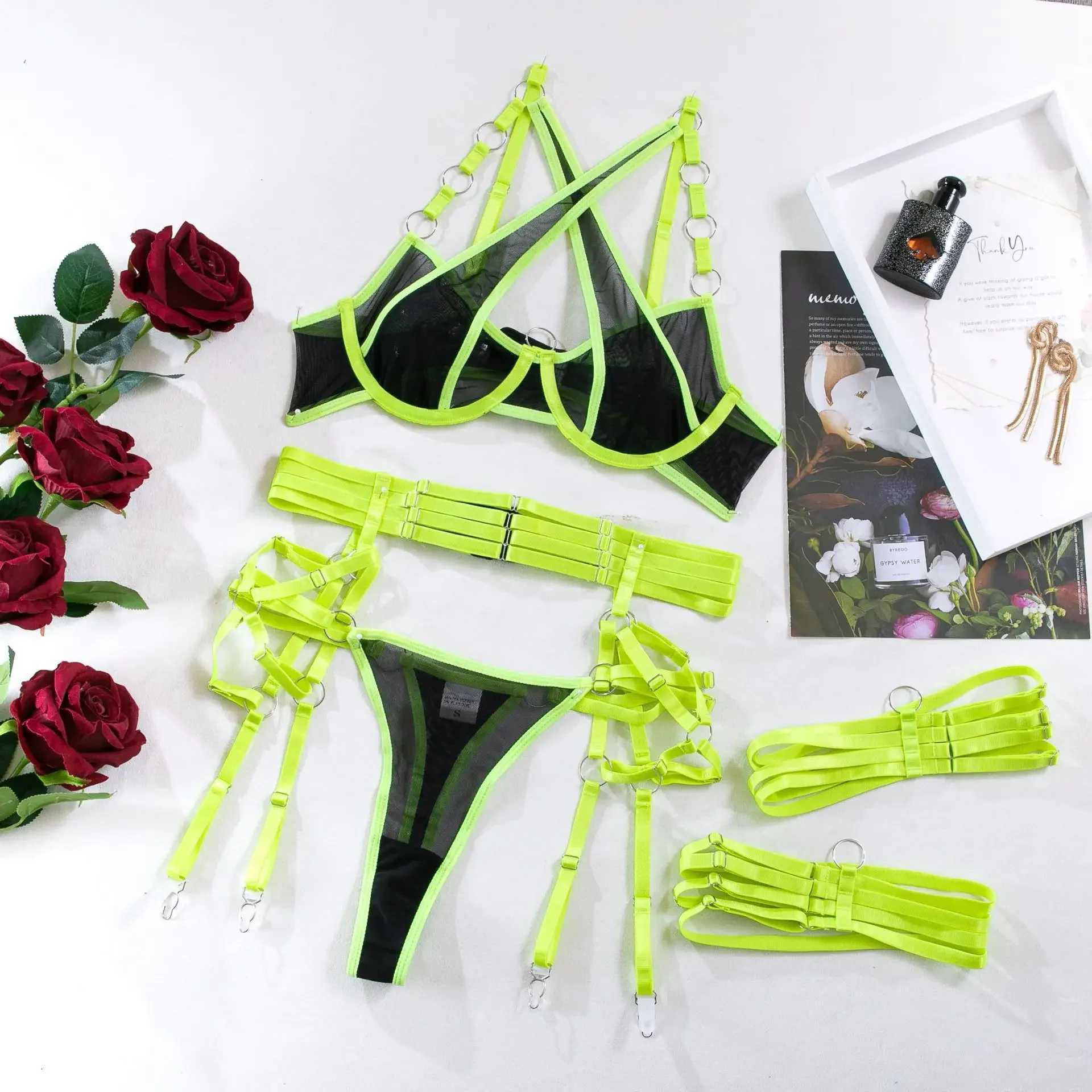 Sexy Neon Green Patchwork Lace Garter Lingerie Set Women Intimates 2024 Underwire Bra and Thongs Ladies Underwear Erotic SetsXJ241205