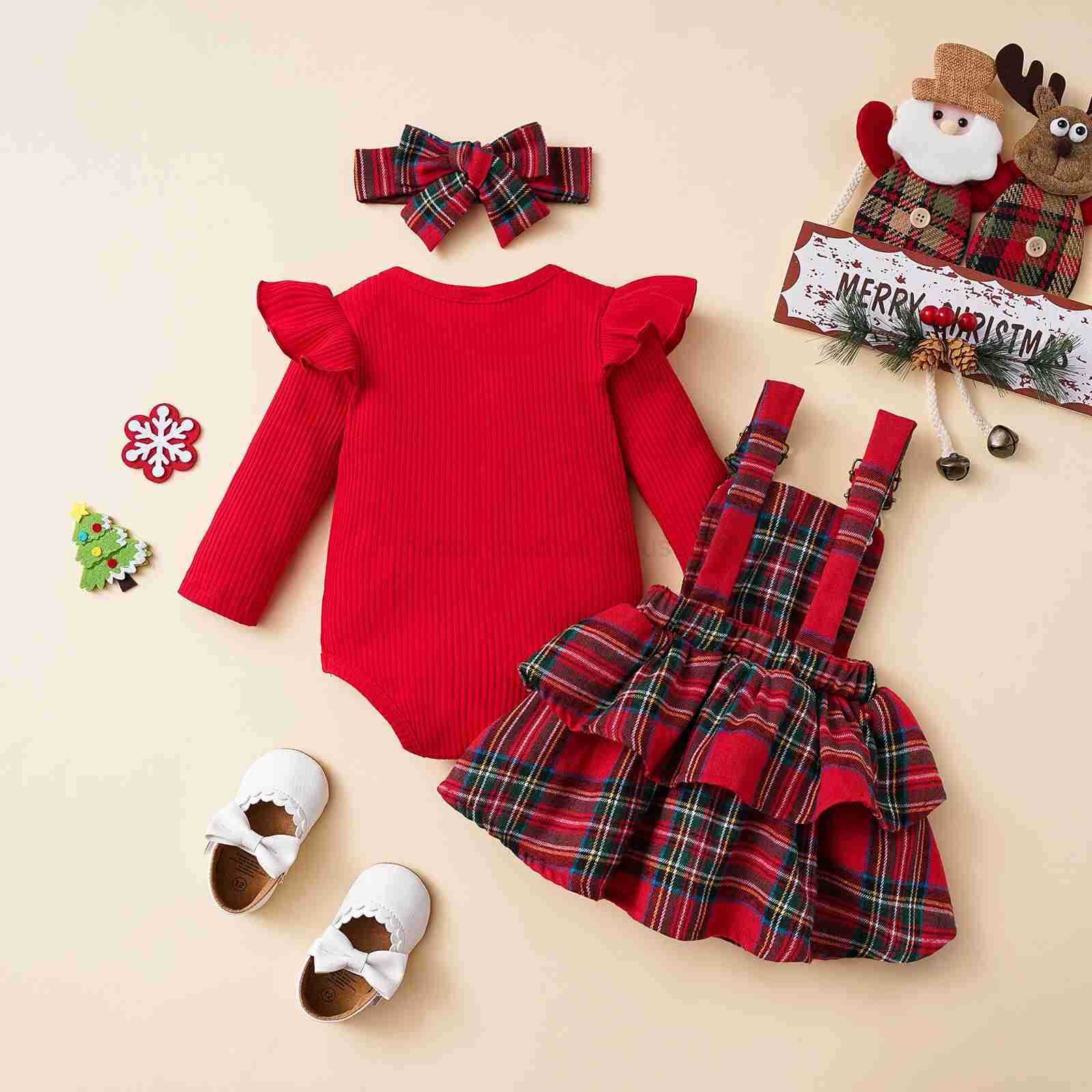 Baby Girl Christmas Clothes Plaid Outfits Long Sleeve Romper Overall Skirt Dress Cute Newborn Baby Xmas Outfit SetXJ241205