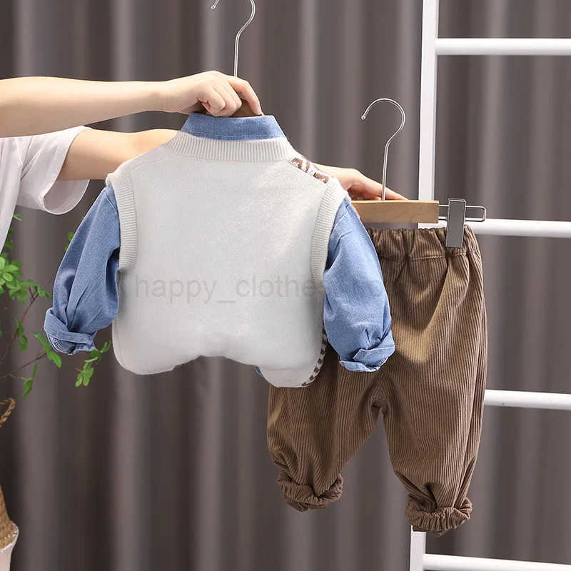 Fall Boutique Kids Clothing Baby Boy Clothes 9 to 12 Months Knitted Sleeveless Vest + Denim Shirts + Pants 3PCS Boys Outfit SetXJ241205