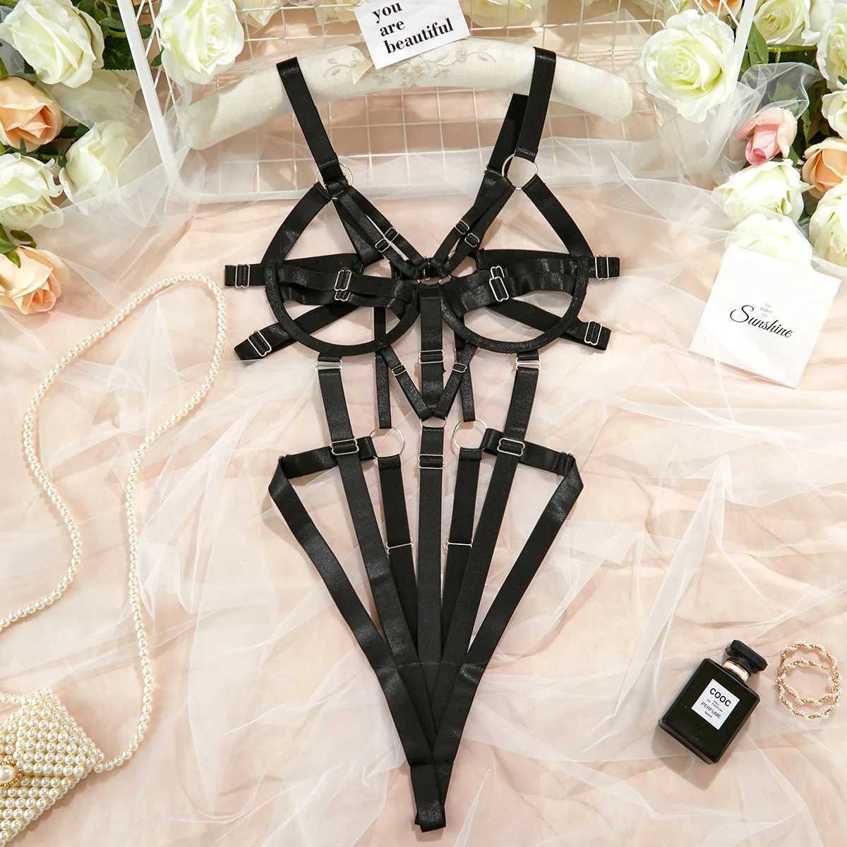 Womens Ribbon Splicing Steel Ring Backless Jumpsuit Underwear Sexy Solid Patchwork Steel Ring Bodysuit Perspective IntimatesXJ241205