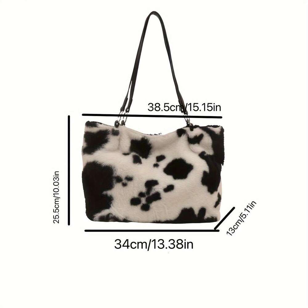 Plush One Shoulder Tote Bag - Large Capacity, Multi Functional, Comfortable, Warm, Cow Pattern