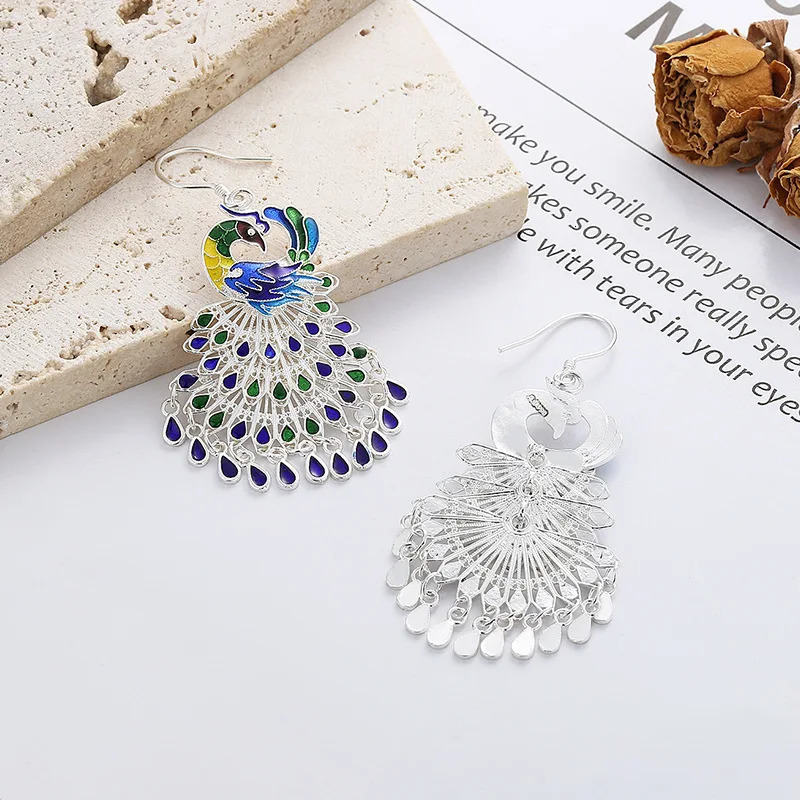 VOJEFEN sterling silver 925 colored glass peacock tassel hook earrings with luxurious and elegant womens long earrings 241205