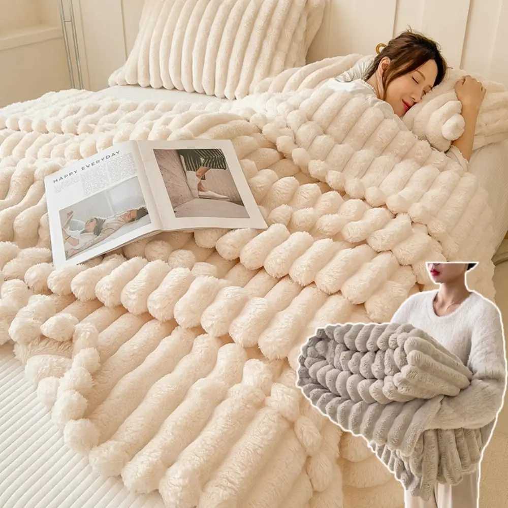 Ultra Soft Faux Rabbit Fur Throw Blanket Warm Plush Striped Blankets Conditioning Quilt Fluffy Throws for Couch Chair SofaXJ241111