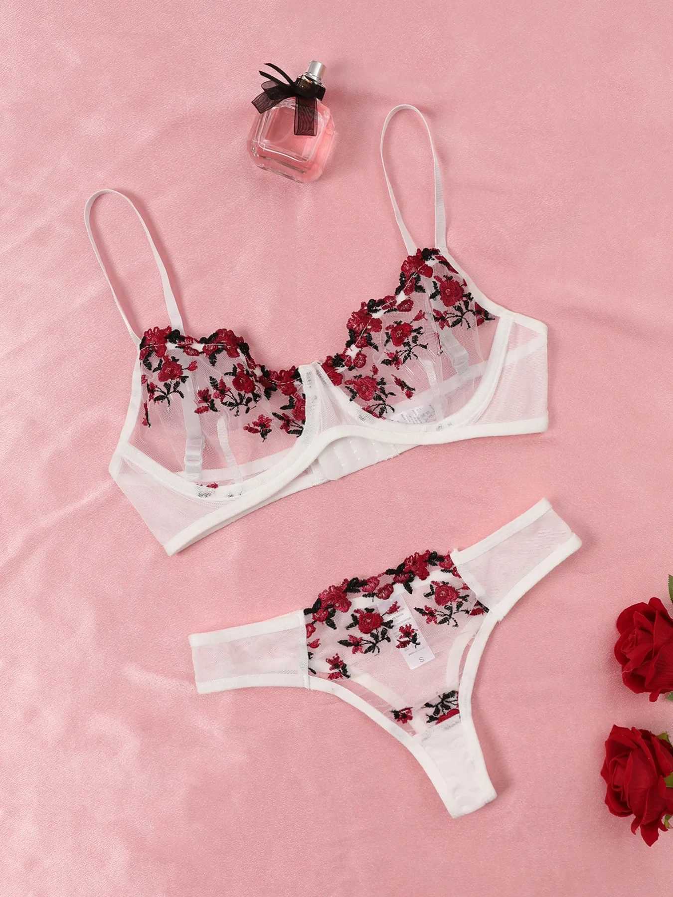 Sexy Lace Lingerie Push Up Lingerie Semi-Sheer Bra And Panty Sets Women Gathering Chest Underwear Embroidery Bralette SetXJ241205