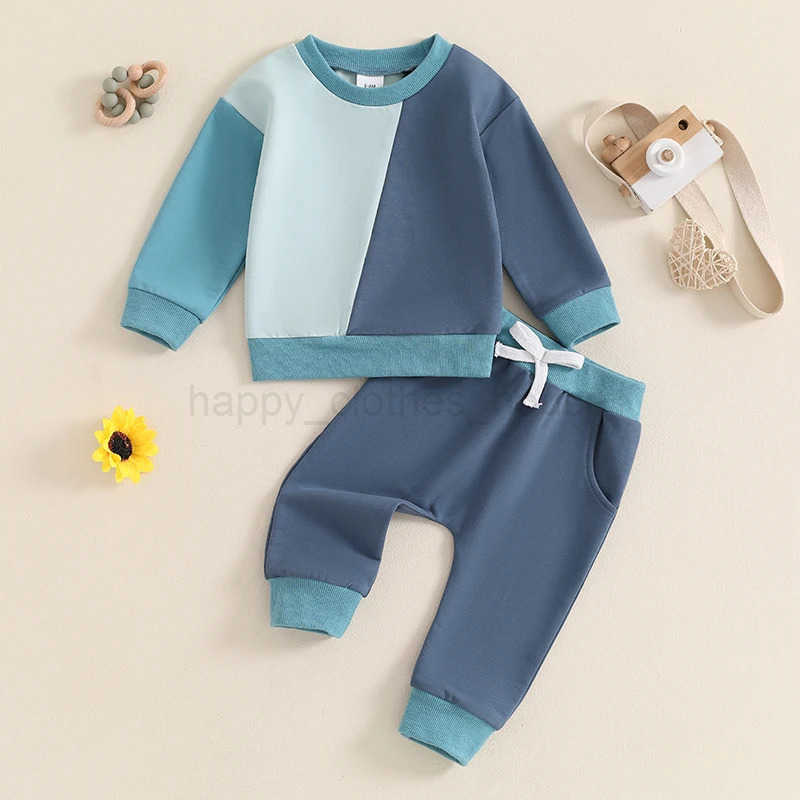 Toddler Boys Girls Tracksuit Outfit Contrast Color Long Sleeve Round Neck Sweatshirt Elastic Waist Trousers 2Pcs Sports SetXJ241205