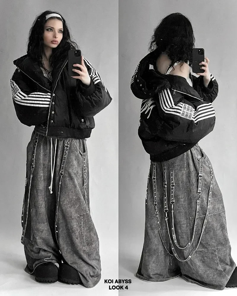 Hip hop trend Harajuku striped loose zipper coat Warm cottonpadded jacket Street fashion personality men winter 241204