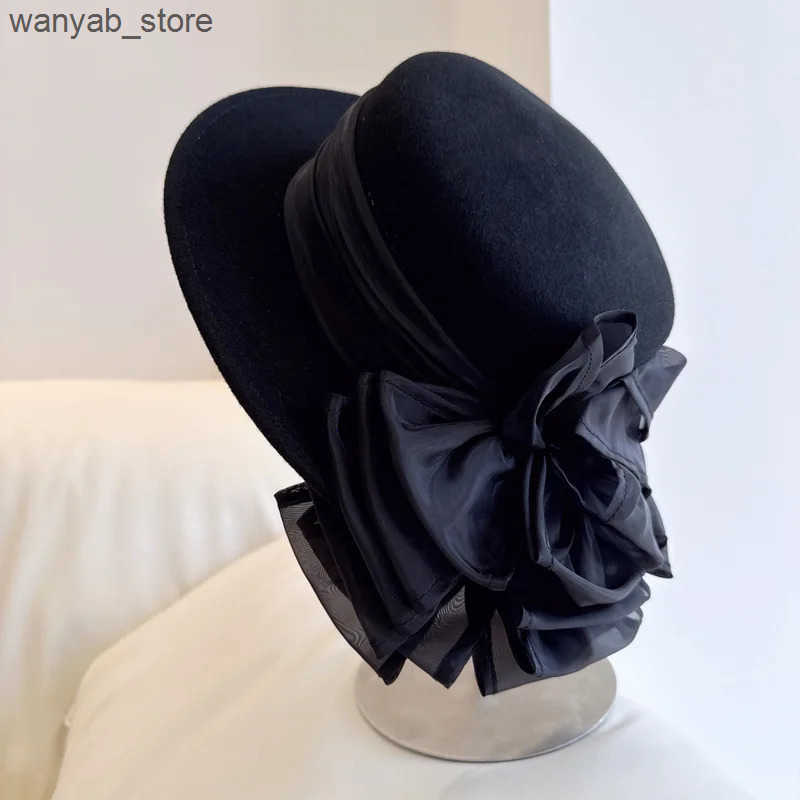 Cloches Womens wool Fedora winter womens Felt Cloche hat big bow French style blower womens party wedding derby church hat L240910