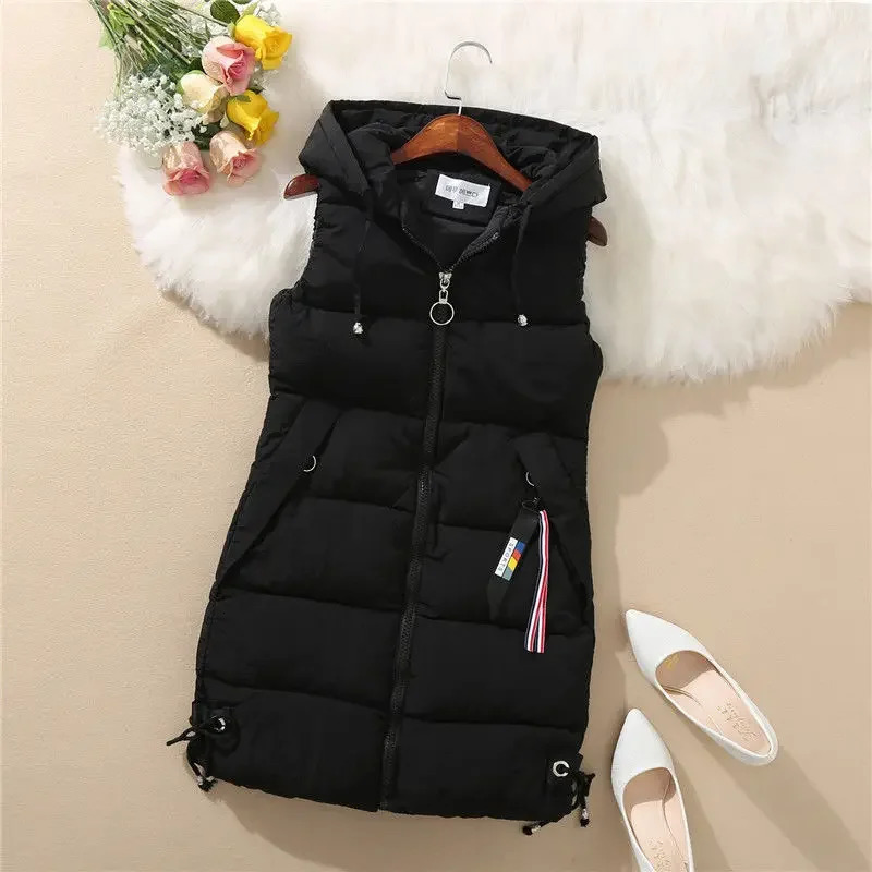 Winter Womens Jacket Hooded Vest Sleeveless Coat Cardigan Warm Outwear Korean Fashion Slim Fit Tops 241205