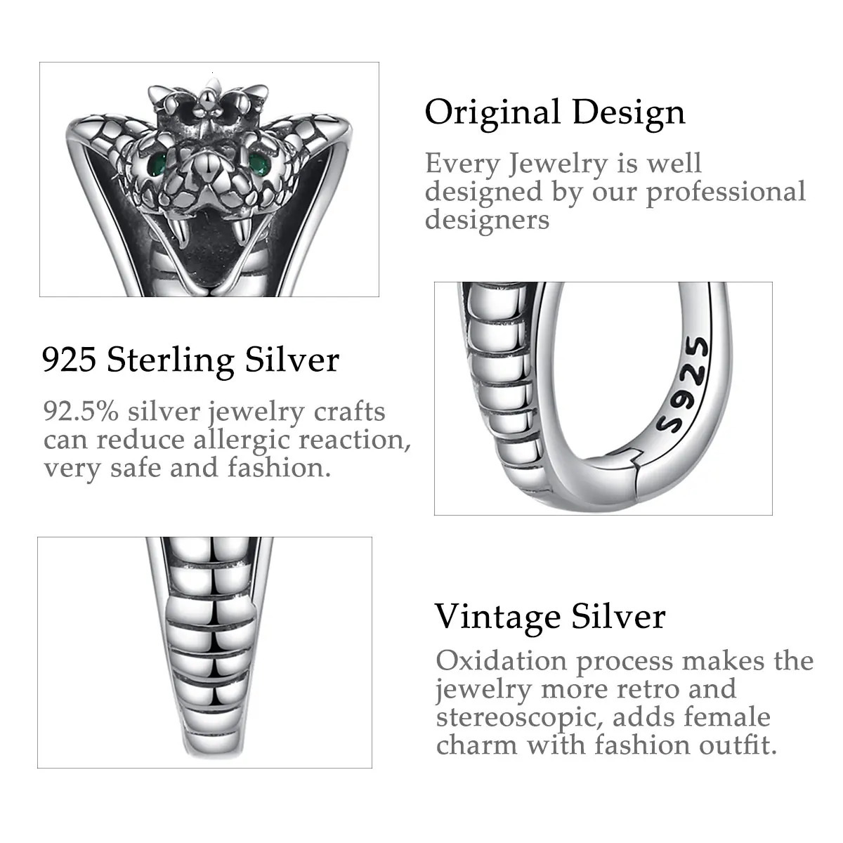 Eudora Real 925 sterling silver snake round earrings with round hoops and retro textured snake earrings suitable for women and men. Exquisite jewelry 