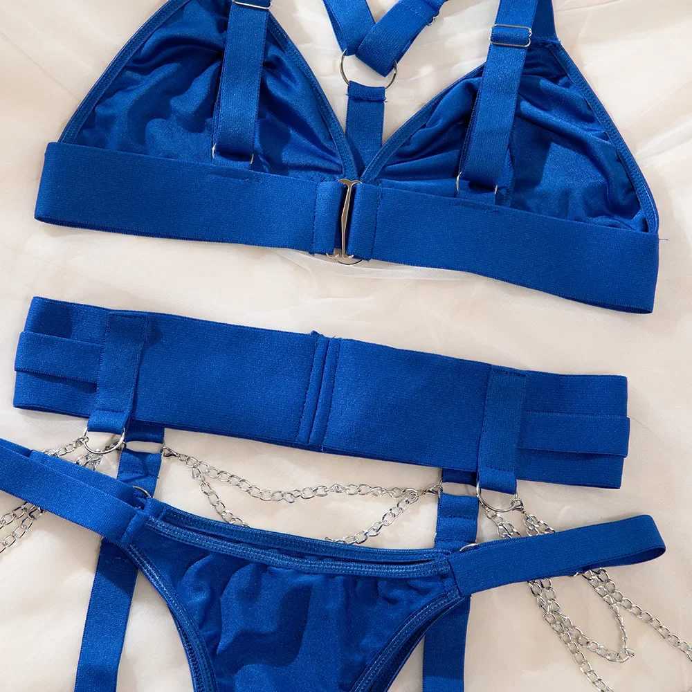 3 Piece Sexy Body Harness Belt Lingeries Sets Exotic Hollow Out Metal Chain Garter Belt Latex Underwear Outfit Bra And Panty SetXJ241205
