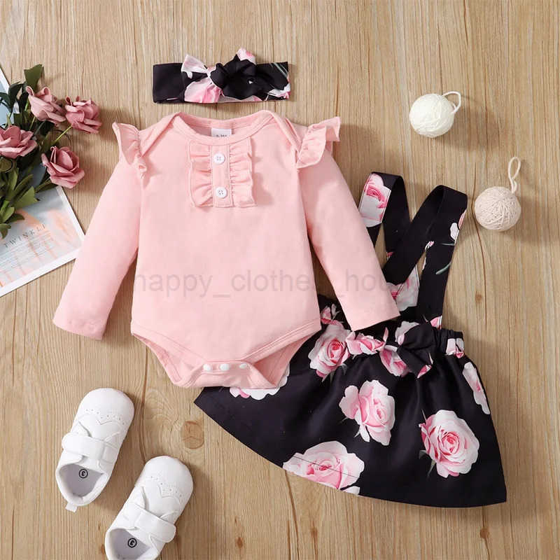 3PCS Baby Girl Dress Set Long Sleeves Bodysuit+Rose Floral Suspender Skirt+Headband Fashion Outfits for Toddlers 0-18 MonthsXJ241205