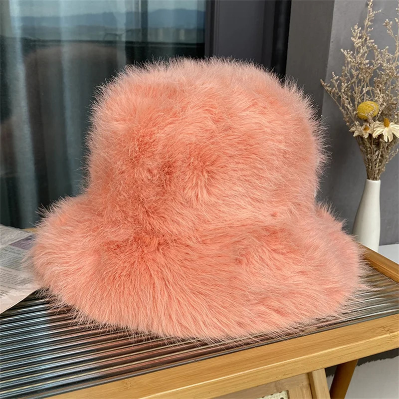 Big Fluffy Artificial Fur Bucket Hat Womens Plush Fishermans Hat Warm Winter Fishermans Hat Colorful Gorgeous 241205