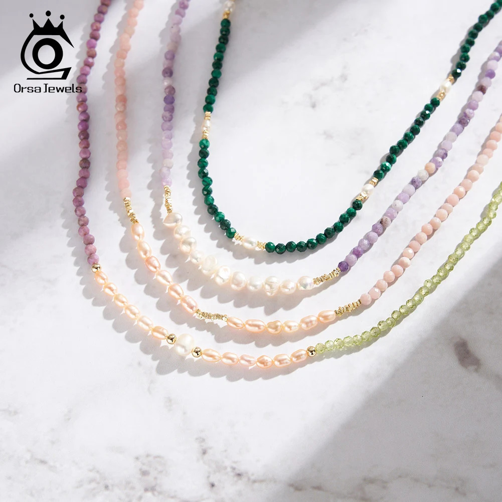 Orsa JEWELS 14K gold natural stone bead necklace Baroque pearl 925 pure silver stone necklace lobster clasp 241205