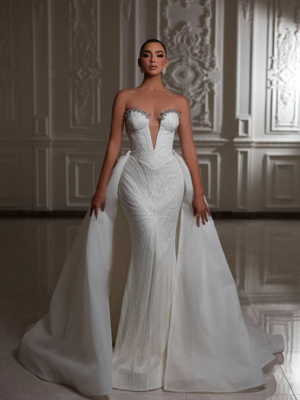Deep V Neck Mermaid Wedding Dress Detachable Train Bride Robe Customized Sequined Rhies Bridal Gown vestidos de novia