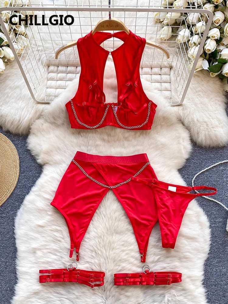 LLGIO Women Chain Sexy Bra Briefs Suits Fashion Three Pieces Bra Underpants Outfit Bodycon Sexy Solid Push Up Lingerie SetsXJ241205