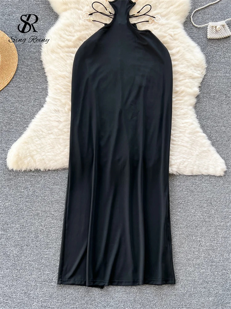 SINGREINY Sensual Hollow Out Long Dress Fashion Cross Halter Sheath Camis Dress 2024 Women Streetwear Solid Backless Sexy Dress 241205