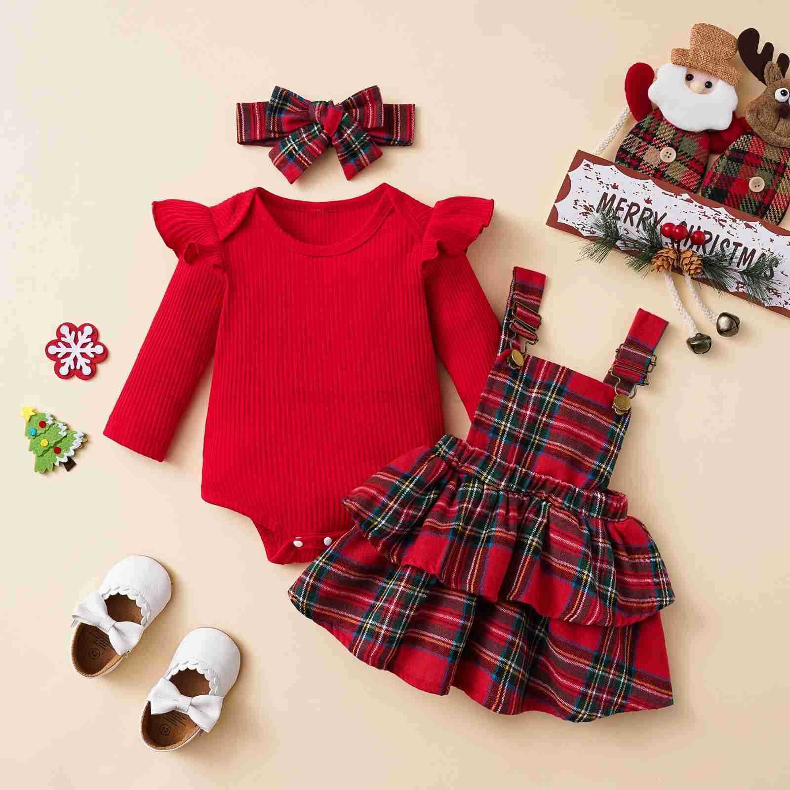 Baby Girl Christmas Clothes Plaid Outfits Long Sleeve Romper Overall Skirt Dress Cute Newborn Baby Xmas Outfit SetXJ241205