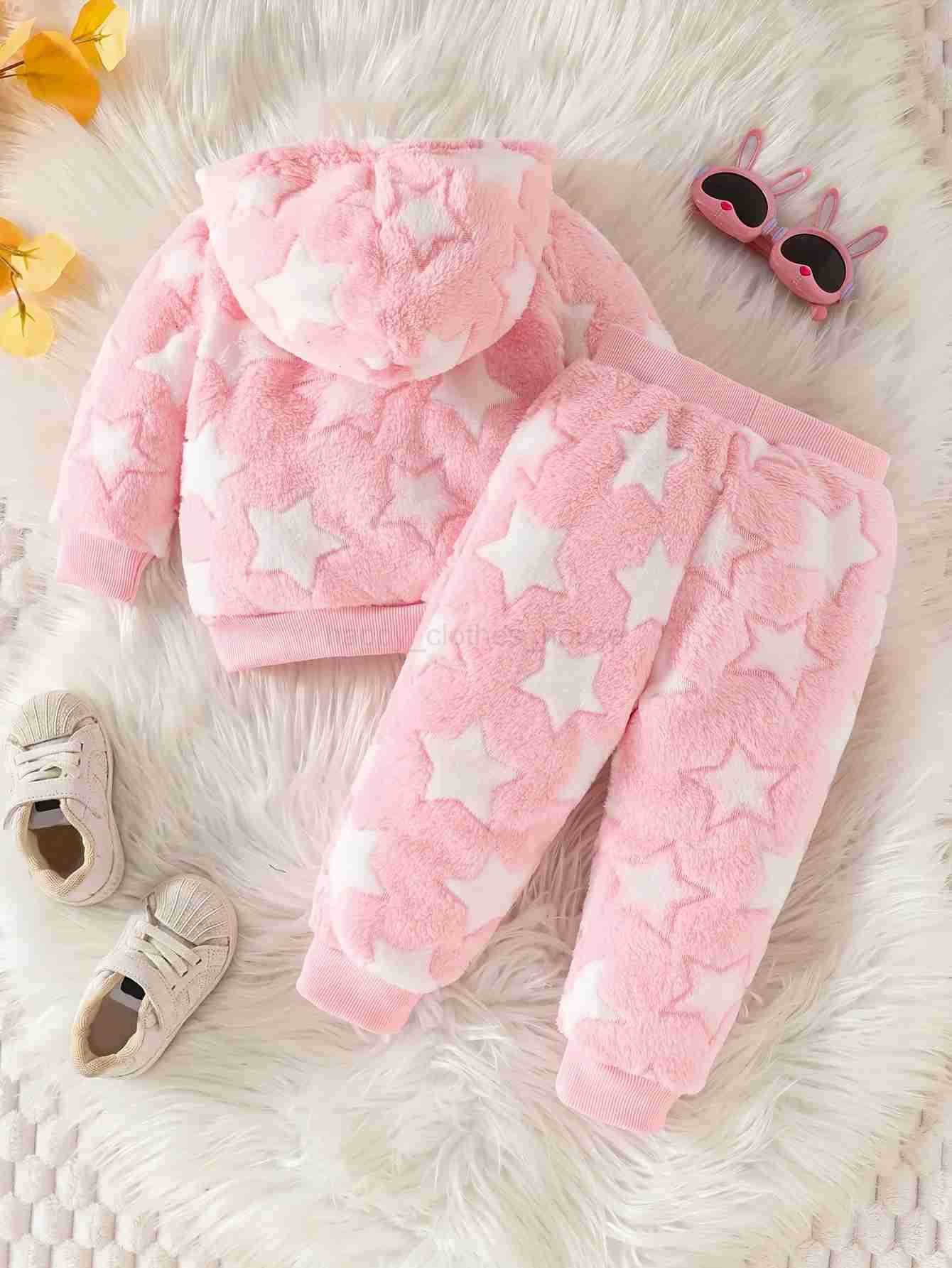 0-2 year old baby Autumn-winter five-pointed star pattern pink furry warm hooded top + pants two-piece setXJ241205