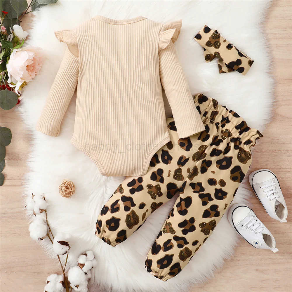 0-18 Months Newborn Baby Girl Clothes Set Long Sleeve Bodysuit+Leopard Pants+Headband 3PCS Fashion Autumn Outfits Toddler GirlXJ241205