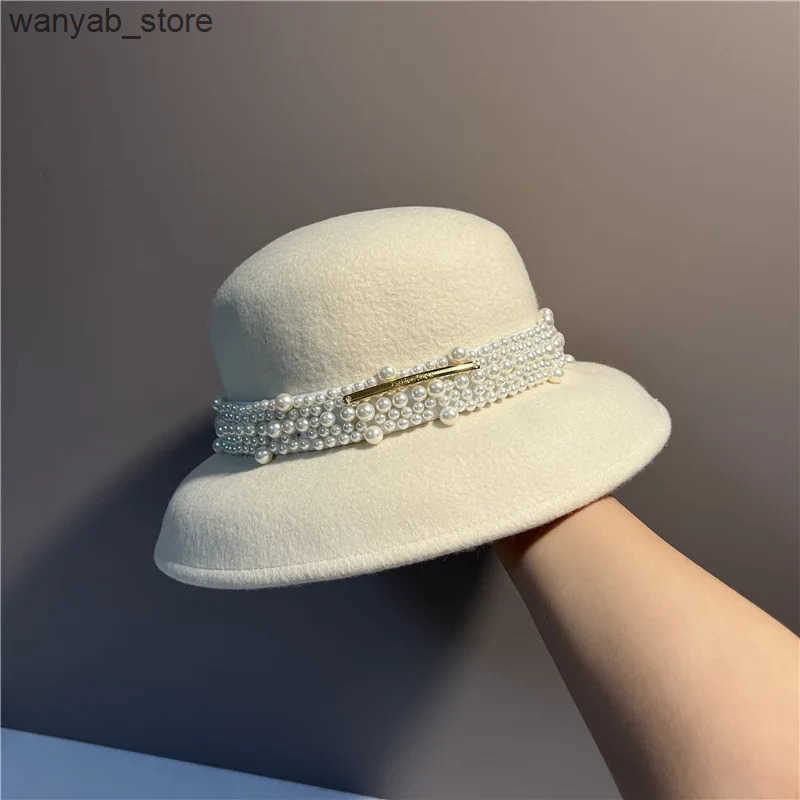Cloches White black winter womens wool hat bowling hat with peanut belt womens church hat wedding charming hat L240910