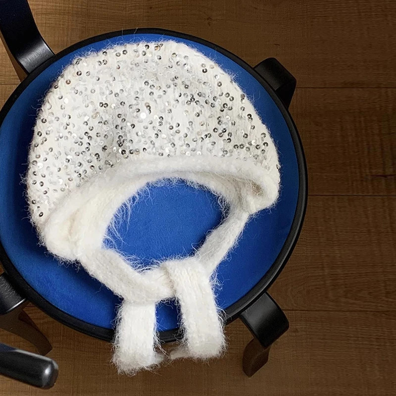 Korean sequin knitted beanie autumn/winter womens street fashion personality cute ear protection warm knitted beanie 241205