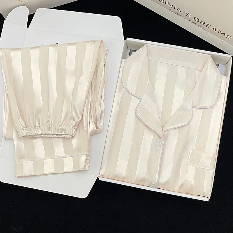 Womens Pajamas Sets Spring Autumn 2 Piece Striped Pyjama Faux Silk Satin Sleepwear Long Sleeve Button Pijama Mujer Pjs Homewear 241204