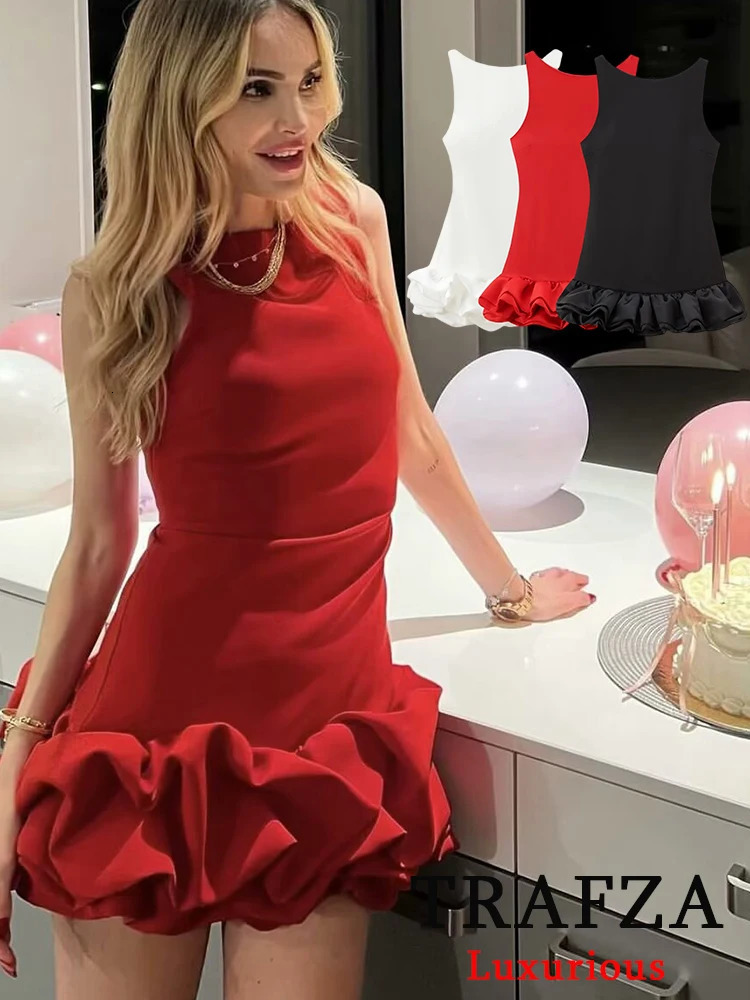 TRAFZA Vintage Chic Sexy Women Dress Solid Cami Sleeveless Backless Mini Party Vestidos Fashion Autumn Winter Dress 241205