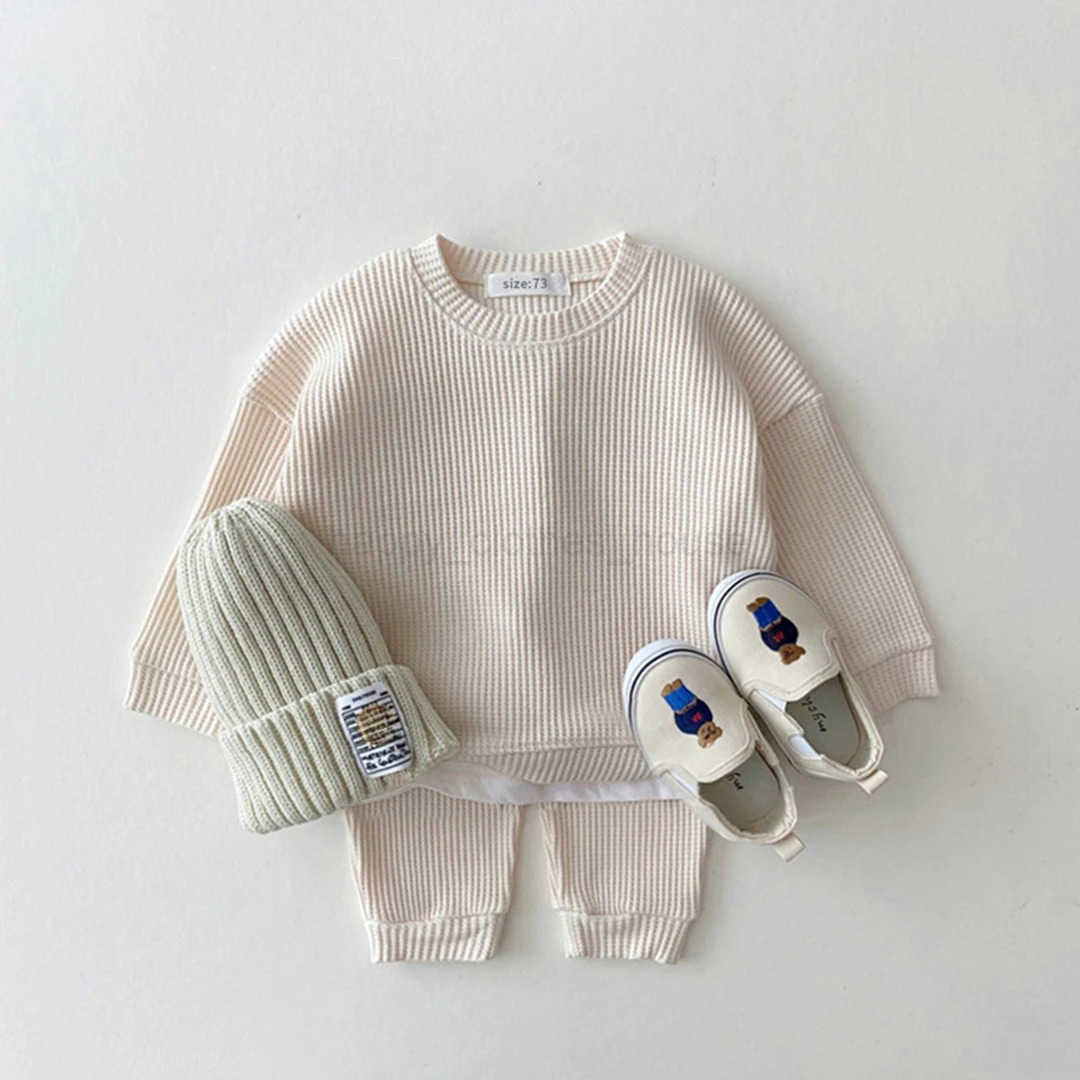 2024 Korea Toddler Baby Clothing Sets For Infant Baby Boys Clothes Set Mock Two-piece Waffle Cotton Sweatshirt+Pants 2pcs OutfitXJ241205