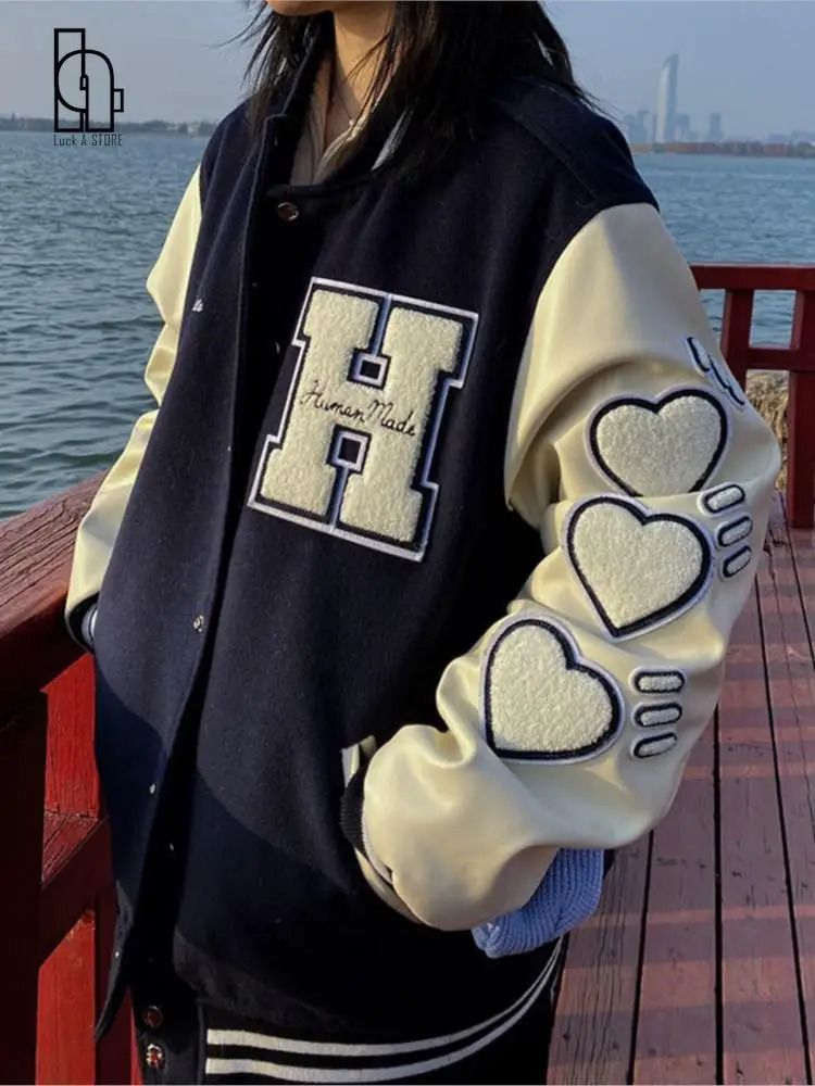 America Bomber Black Heart Jacket Female Oversized Baseball Jacket Women Harajuku Loose Streetwear Outerwear Goth 241205