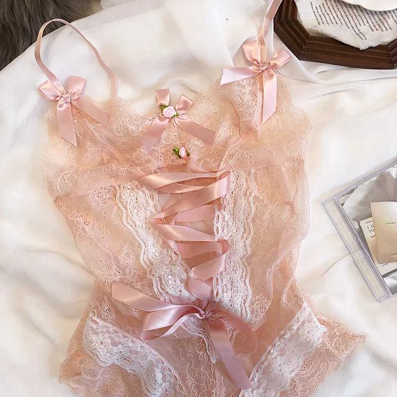 Wriufred Sexy fairy pink strappy bow perspective bra set one-piece suit small night clothes temptation lace lingerieXJ241205
