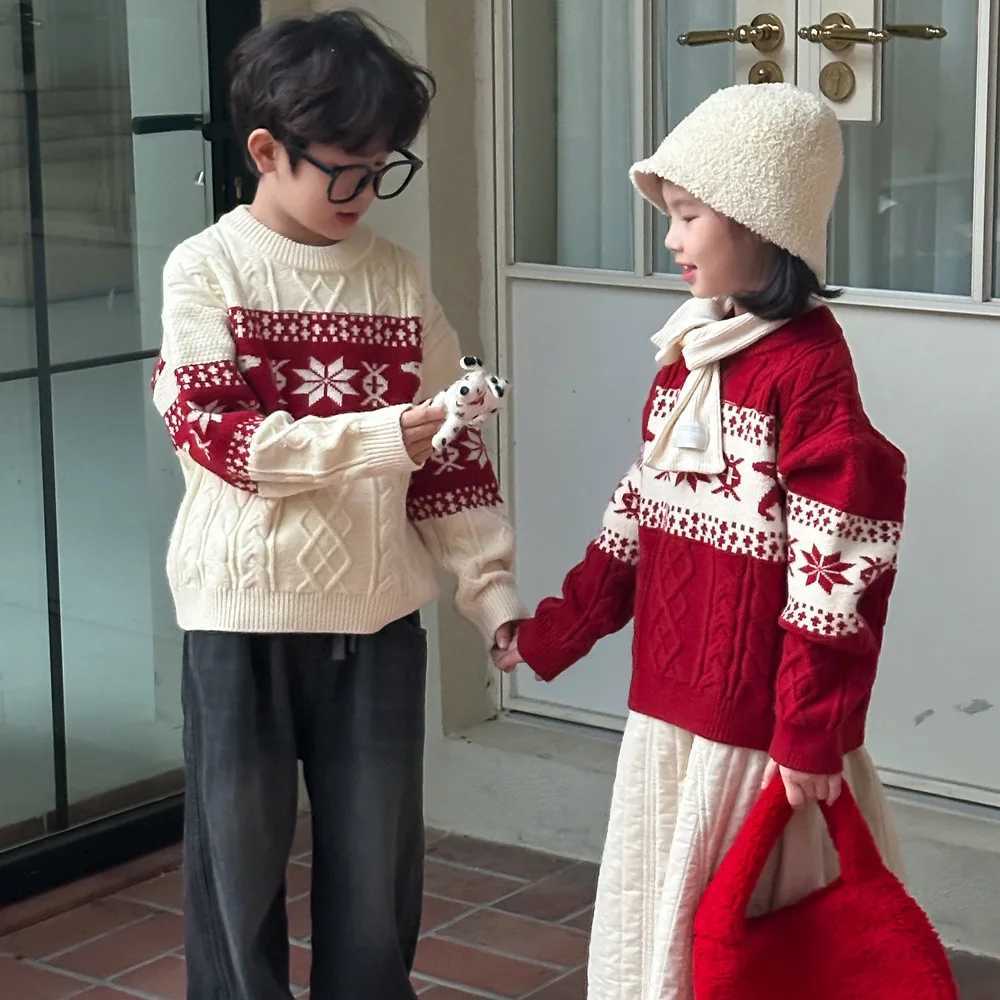 Childrens Knitted Sweater 2024 Winter New Snowflake Knitted Sweater Boys Knitted Sweater Warm Top W241205