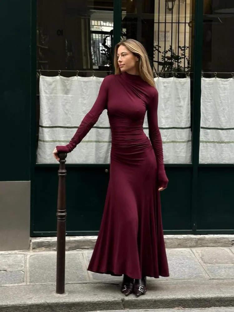 Lady Elegant Burgundy Mock Turtleneck Solid Maxi Dresses Fashion Long Sleeve Slim Hem Party Midi Robe Autumn Evening Dress Women 241204