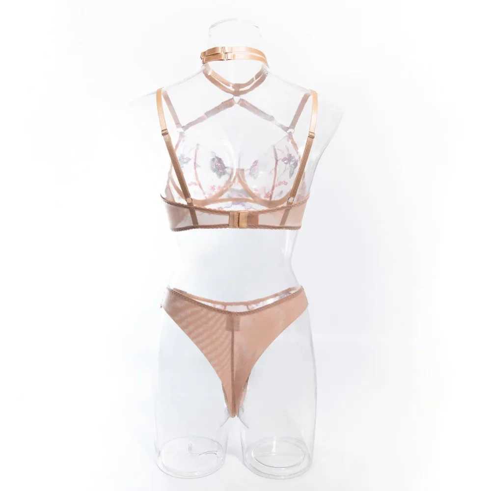 Embroidery Intimates Set Women Halter Bra + Mesh Panty Underwear Set Sexy Neckchain Lingerie EverydayXJ241205