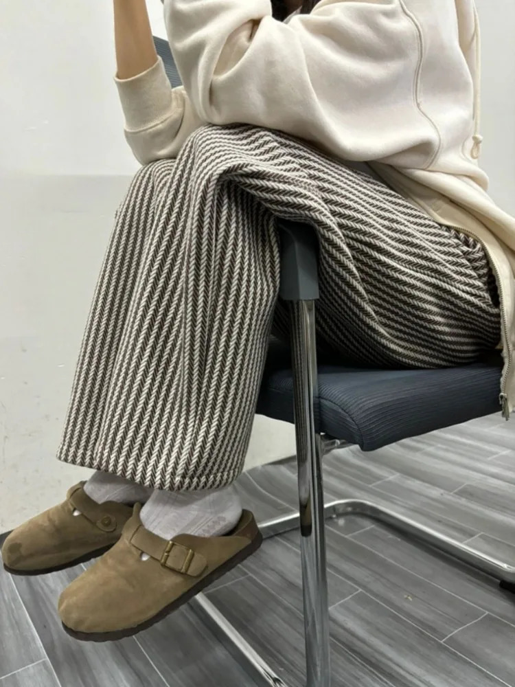 Streetwear Vertical Stripe Pants Women Spring Y2k Aesthetic Drawstring Casual Trousers High Waist Harajuku Vintage Pantalones 241204