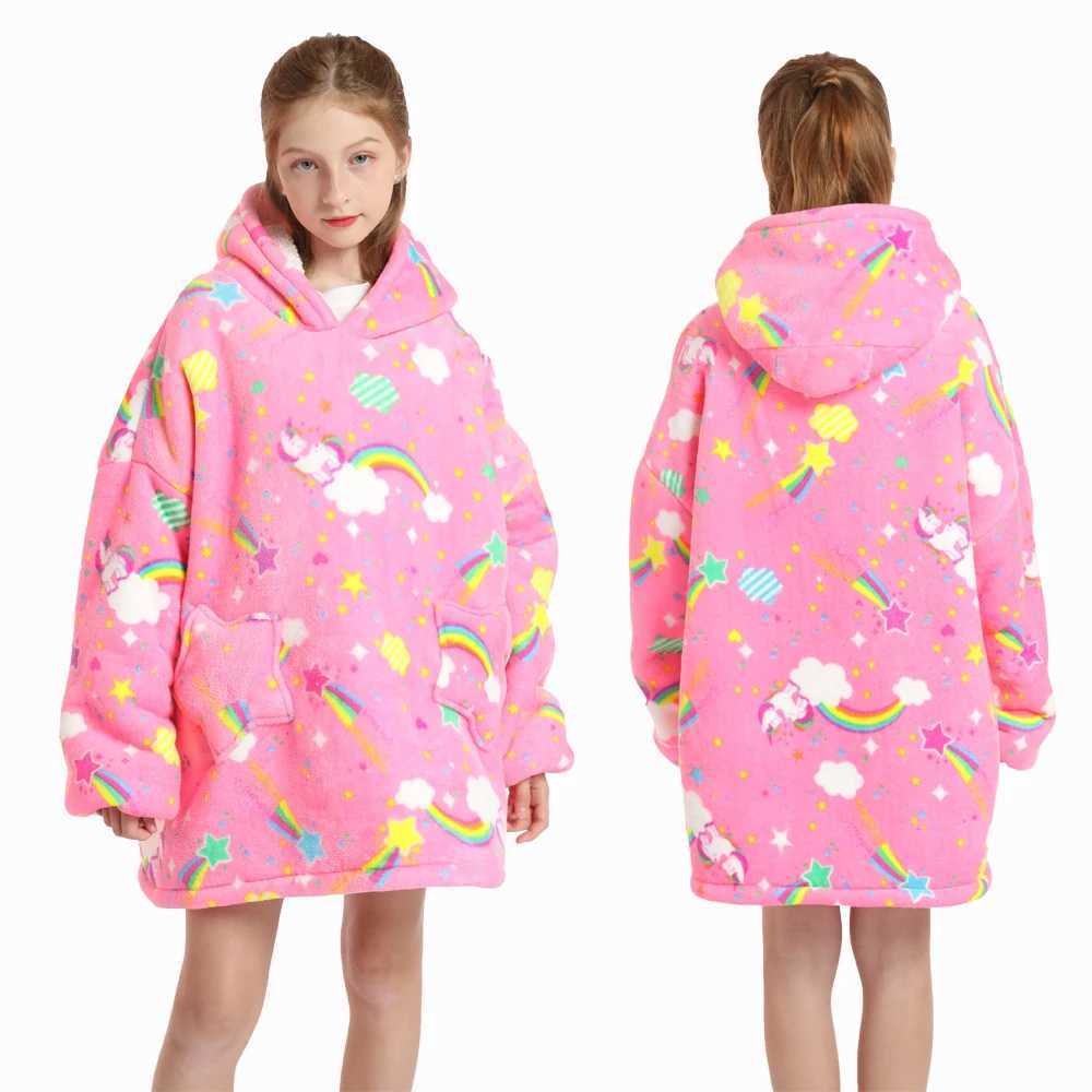 Pajamas Boys Animal Sweatshirt Autumn Winter Girls Casual Pullover Big Kids Hooded Oversized Tops Children Blanket Clothing 4-14 Years H241205